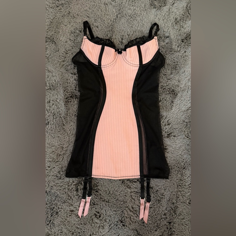 Shirley of Hollywood Pinstripe Corset Dress Size 34 Black & Pink Lingerie Set - Picture 10 of 16